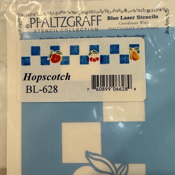🎄Pfaltzgraff Hopscotch Check and Fruit Blue Laser Stencils NIP - Picture 2 of 4